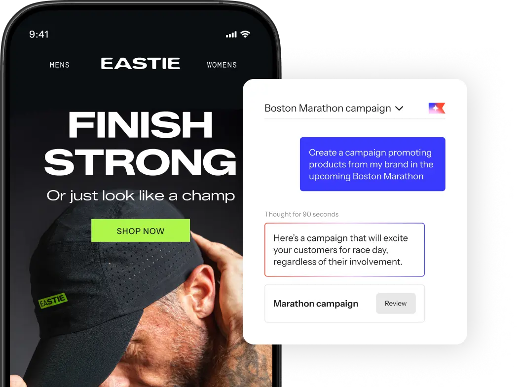 Klaviyo Composer generating a Boston Marathon campaign for Eastie, alongside a phone preview of the finished email