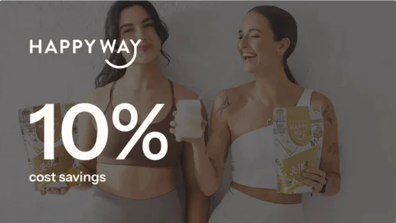 Two women smiling, holding Happy Way products. Text overlay: "Happy Way 10% cost savings.