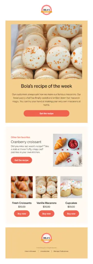 Email newsletter featuring Bola's recipe of the week for macarons, with images of macarons, croissants, and cupcakes, and purchase options.