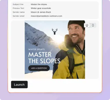 Man in winter gear smiles on a snowy mountain. Text: "Winter Sports Master the Slopes. Ask a Question.