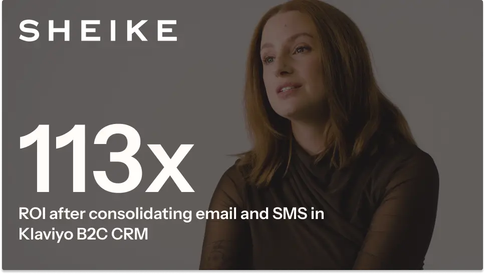 SHEIKE logo, woman with long hair, text: "113x ROI after consolidating email and SMS in Klaviyo B2C CRM".