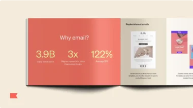Open booklet showing email marketing statistics: 3.9B daily users, 3x higher conversion rates, 122% ROI. Right page shows email examples.