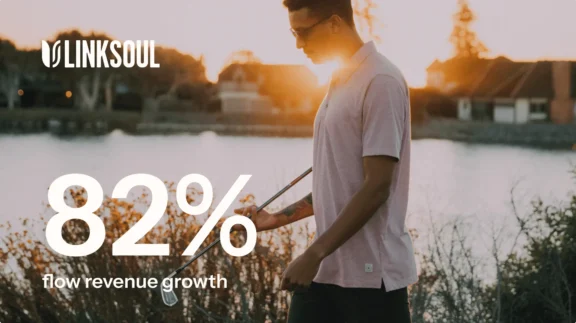 Man holding a golf club at sunset with "Linksoul" logo and text "82% flow revenue growth" overlaid.