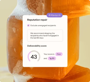 Klaviyo AI interface showing "Reputation repair" advice to exclude unengaged recipients, with a deliverability score of 43 marked as poor.