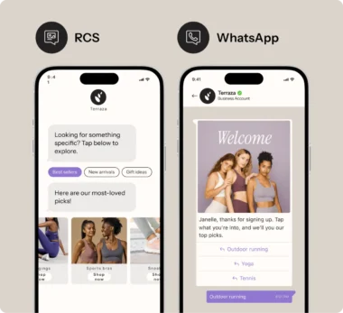 Two smartphones displaying messaging apps. Left: RCS with product categories. Right: WhatsApp with a welcome message and image.