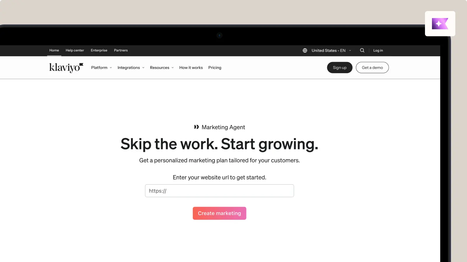 Klaviyo webpage promoting a marketing agent tool with text: "Skip the work. Start growing." Includes a URL input field and "Create marketing" button.