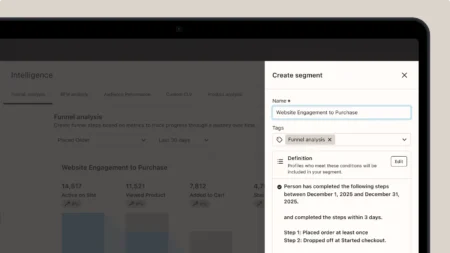Dashboard showing a "Create segment" panel for "Website Engagement to Purchase" with funnel analysis details.