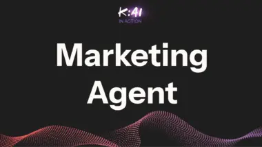 Marketing Agent" text with "K:AI In Action" above, set against a dark background with red and purple dotted wave pattern.