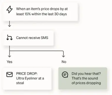 Flussdiagramm für SMS-Marketing: Preis fällt um mindestens 15 % in 30 Tagen. Kann SMS empfangen? Ja: "Preisrückgang: Ultra Eyeliner". Nein: "Hörst du das? Preise fallen