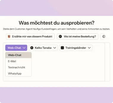 Interaktive Benutzeroberfläche mit Optionen für Web-Chat, E-Mail, Textnachricht und WhatsApp. Auswahl von Keiko Tanaka und Trainingsbänder.