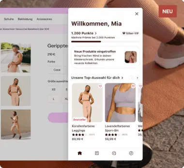 Die Benutzeroberfläche der Shopping-App zeigt eine Willkommensnachricht für Mia, 1.200 Punkte und ausgewählte Produkte wie korallenfarbene Leggings und einen lavendelfarbenen Sport-BH.