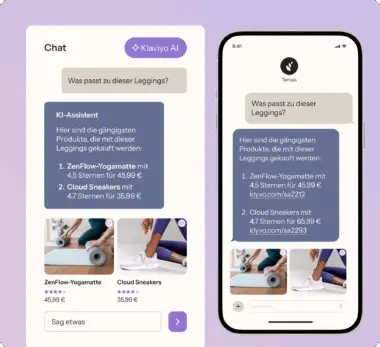 Zwei Smartphone-Bildschirme zeigen einen Chat mit Klaviyo AI. Produkte: ZenFlow-Yogamatte und Cloud Sneakers werden empfohlen.