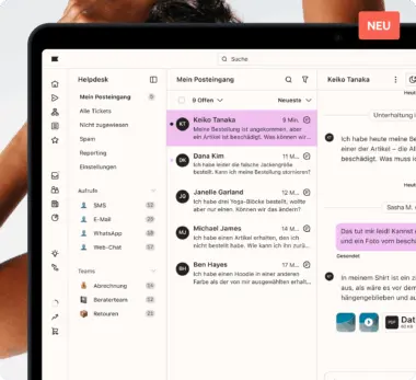 Eine Helpdesk-Oberfläche auf einem Laptopbildschirm, die einen Posteingang mit Kundennachrichten zeigt. Oben rechts steht der Text „NEU“.
