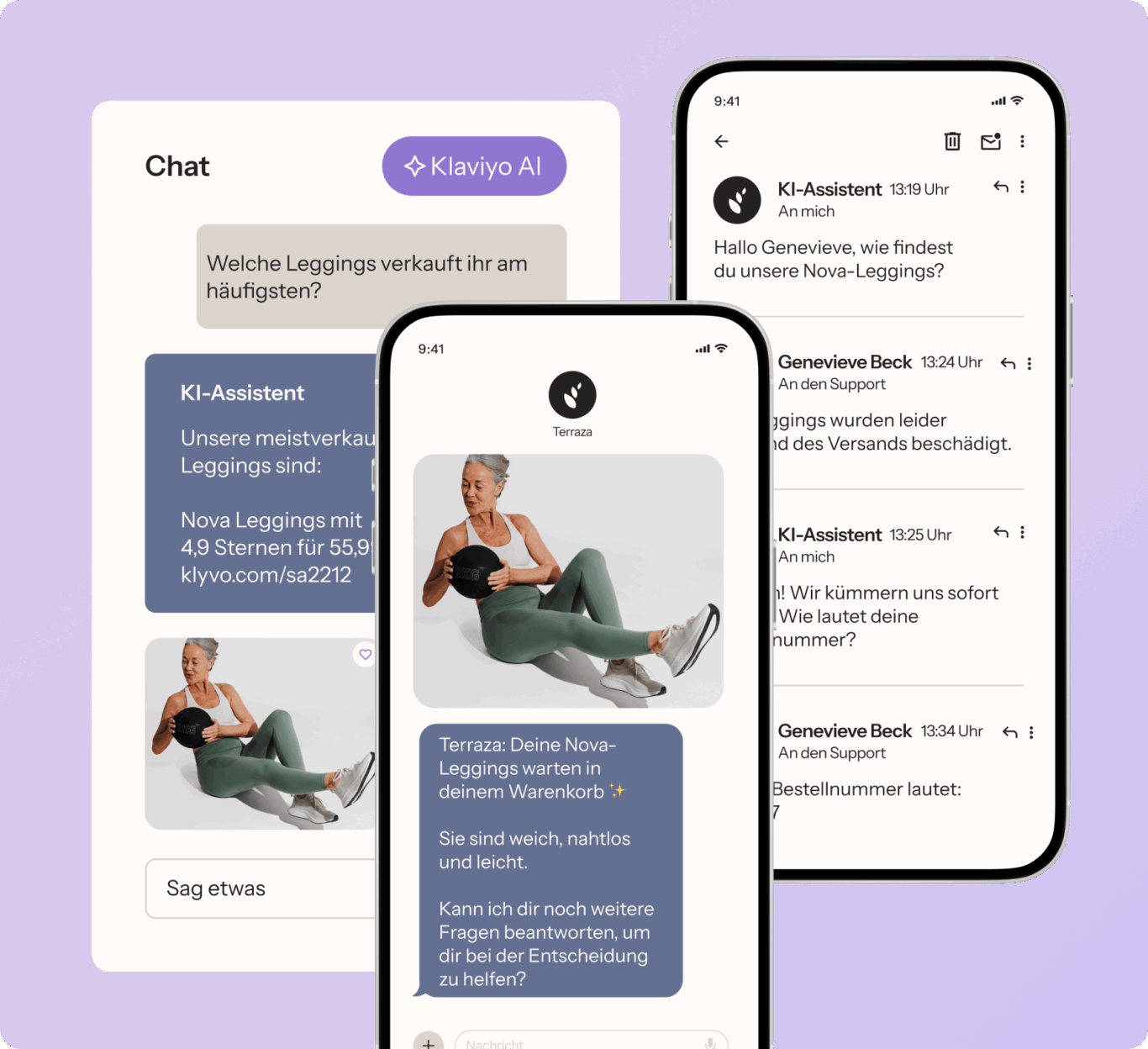 Drei Smartphone-Bildschirme zeigen Chat-Nachrichten mit einem KI-Assistenten über Leggings. Eine Frau in Sportkleidung ist abgebildet.