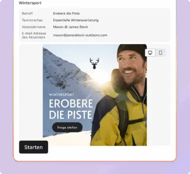 Ein Mann in Winterkleidung lächelt vor einer verschneiten Berglandschaft. Text: "Wintersport Erobere die Piste".