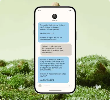 Smartphone zeigt Chat mit Stone Co. über Folsäure. Text informiert über Kauf und Ernährungstipps. Hintergrund aus Moos.