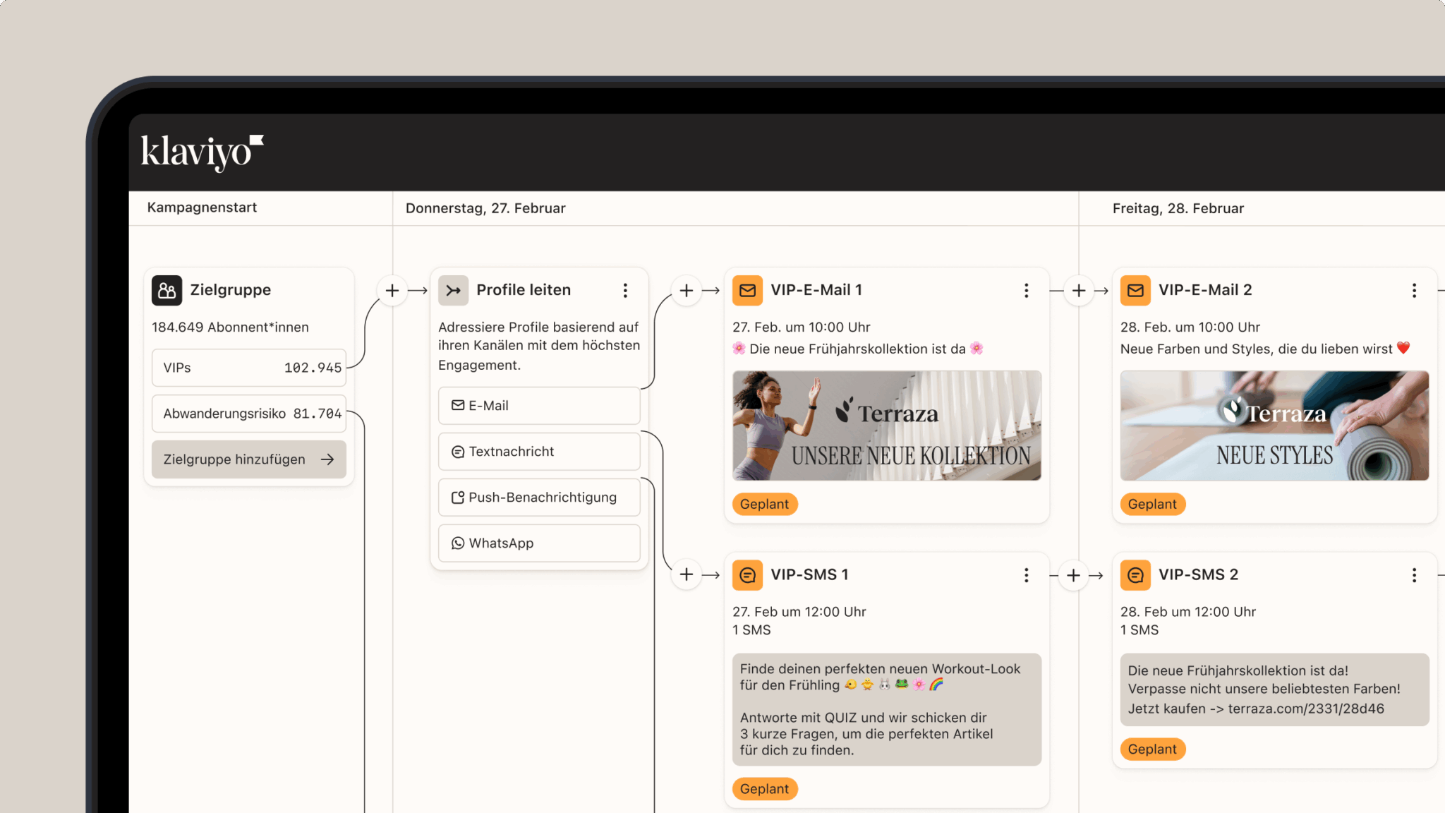 Die Kampagnen-Builder-Oberfläche von Klaviyo mit Zielgruppensegmentierung und geplanten E-Mails und SMS für VIPs zur Einführung einer neuen Kollektion.
