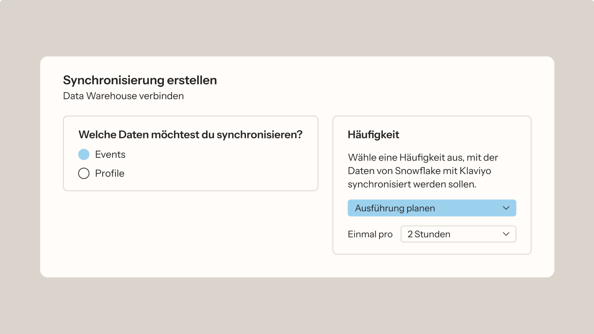 Oberfläche zum Erstellen einer Daten-Synchronisierung zwischen Snowflake und Klaviyo, wobei Datentyp und Häufigkeit der Synchronisierung ausgewählt werden.