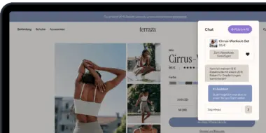 Online-Shop-Seite für ein Cirrus-Workout-Set mit Chat-Fenster. Preis: 95 €. Rabattinformationen und Größenoptionen sichtbar.
