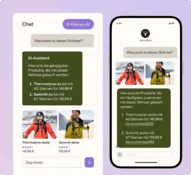 Zwei Smartphone-Bildschirme zeigen einen Chat mit einem KI-Assistenten, der Skijacken empfiehlt: Thermodyne und Summit.