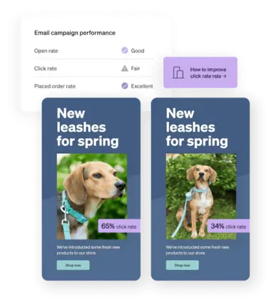 El panel de Klaviyo muestra datos de rendimiento de campañas de correo electrónico encima de dos diseños de correo electrónico sometidos a pruebas A/B.