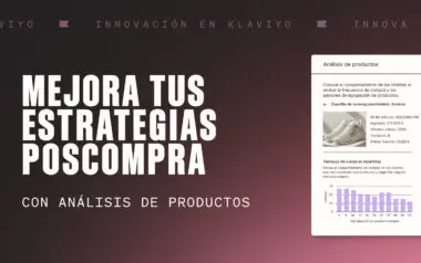 Interfaz del análisis de productos sobre un fondo degradado con el texto superpuesto «Mejora tus estrategias poscompra con el análisis de productos»