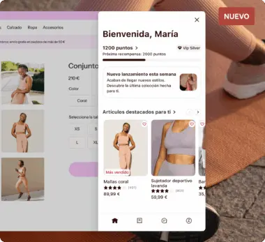 Pantalla de una aplicación de compras de ropa deportiva. Muestra productos destacados, puntos de usuario y un saludo personalizado.