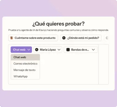 Interfaz de prueba de un agente de IA de Klaviyo con opciones de comunicación como chat web, correo electrónico, y WhatsApp.