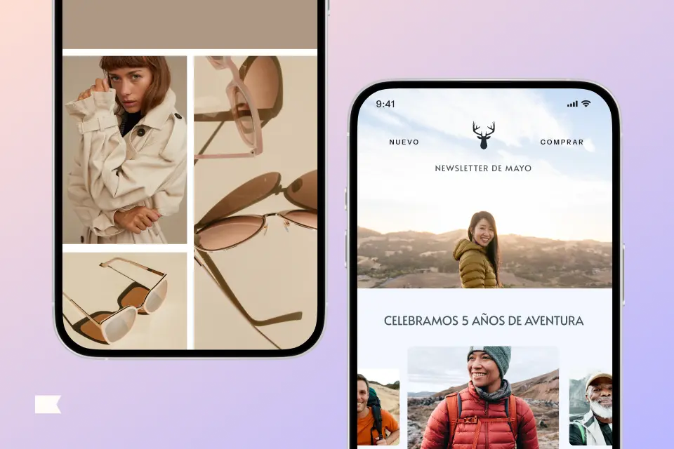 Dos pantallas de smartphone. La izquierda muestra fotos de una mujer y gafas de sol. La derecha muestra una newsletter de mayo.