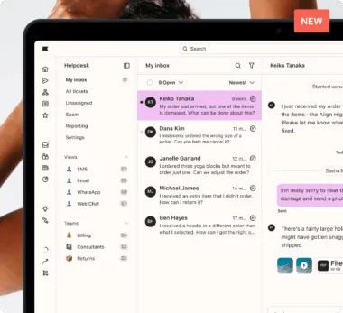 Interfaz de una aplicación de helpdesk en una computadora, mostrando una bandeja de entrada con mensajes de clientes sobre pedidos.
