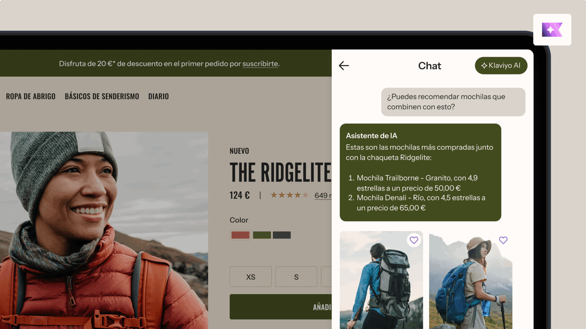 Interfaz de compra en línea en la que se muestra una chaqueta Ridgelite con un chat de IA que recomienda paquetes de productos compatibles
