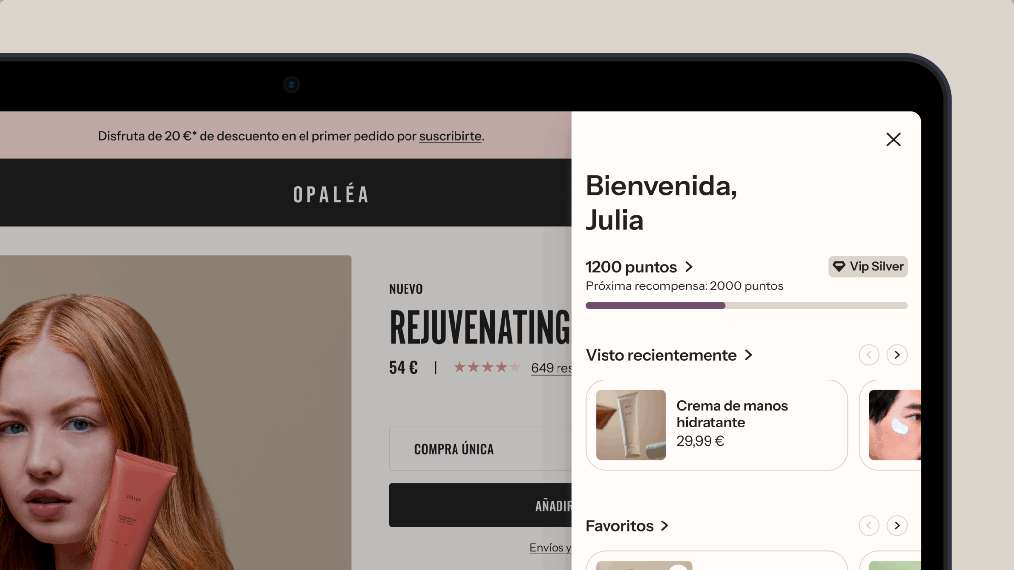 Interfaz de compra en línea de Opaléa en la que se muestra un panel del programa de fidelización con 1200 puntos y recomendaciones de productos