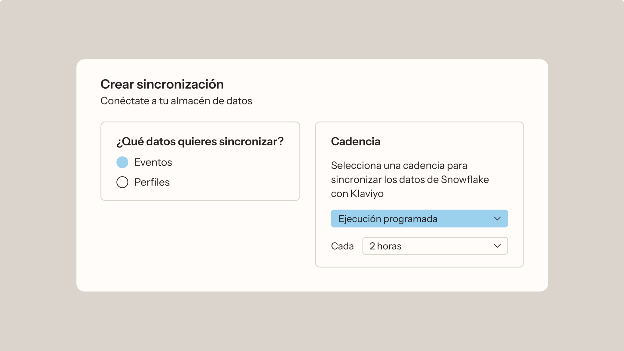 Interfaz para crear una sincronización de datos de Snowflake a Klaviyo seleccionando el tipo de datos y la cadencia de sincronización