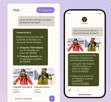 Pantalla de chat de Klaviyo AI recomendando chaquetas para esquiar. Muestra imágenes y precios de Chaqueta Thermodyne y Chaqueta Summit.