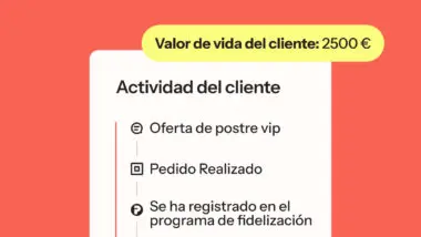 Valor de vida del cliente: 2500 €. Actividad del cliente: Oferta de postre VIP, Pedido Realizado, Registro en programa de fidelización.