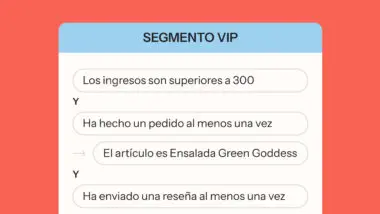 Segmento VIP con condiciones: ingresos superiores a 300, pedido realizado, artículo Ensalada Green Goddess, reseña enviada.