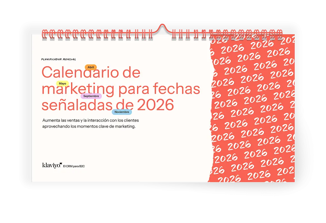 Portada de un calendario de marketing para fechas señaladas de 2026. Incluye texto promocional y el logo de Klaviyo.