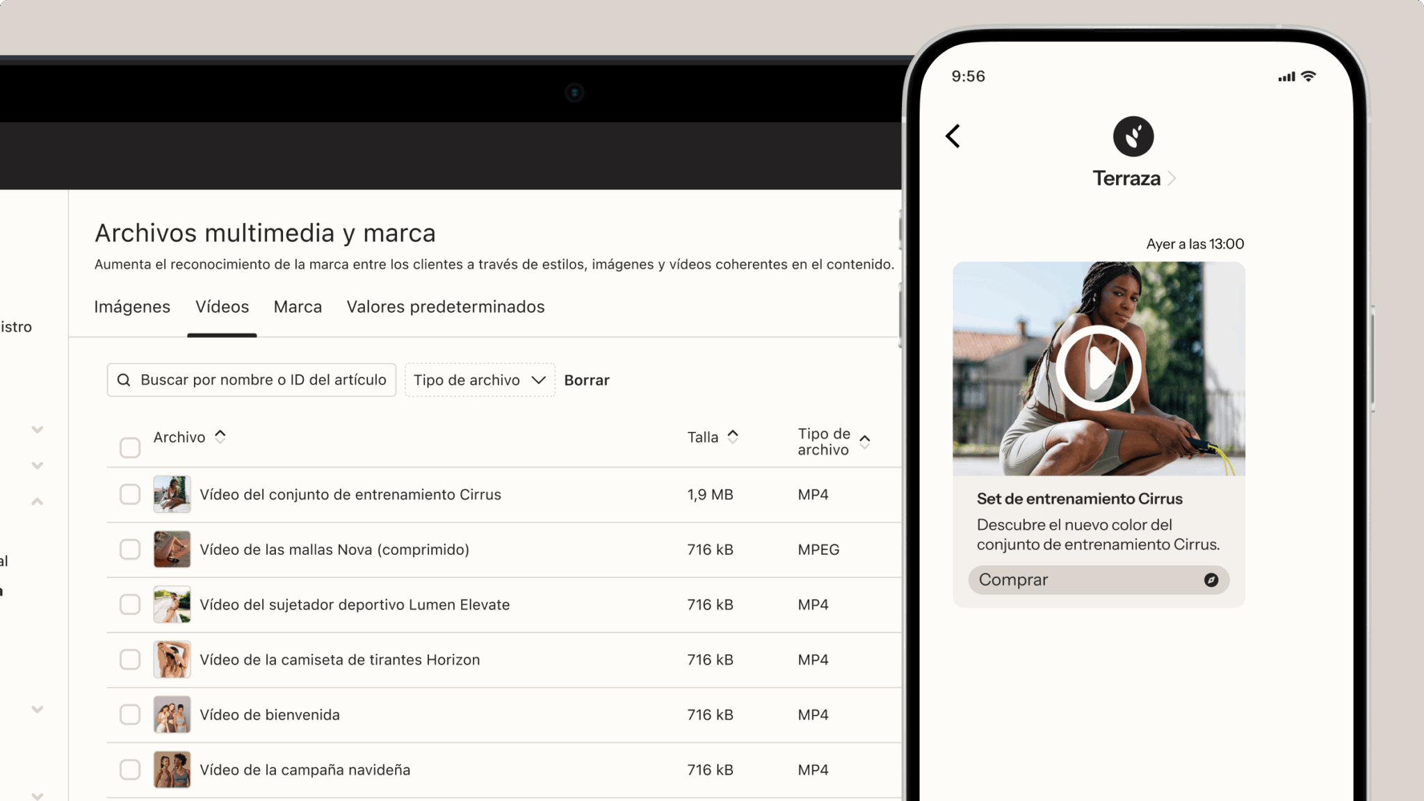 Pantalla de gestión de archivos multimedia con lista de videos y un teléfono mostrando un video de "Set de entrenamiento Cirrus".