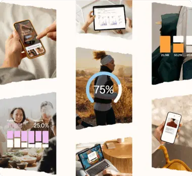 Collage d'images montrant des personnes utilisant des appareils numériques, des graphiques, et une femme courant avec un cercle indiquant 75%.