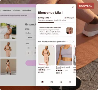 Interface d’une application d’achat montrant un message de bienvenue pour Mia, 1 200 points, et des articles recommandés comme un legging couleur corail et une brassière de sport lavande.