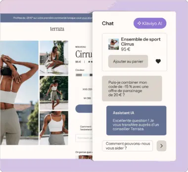 Page produit d'un ensemble de sport "Cirrus" à 95 €, avec chat Klaviyo AI demandant sur les codes de réduction.