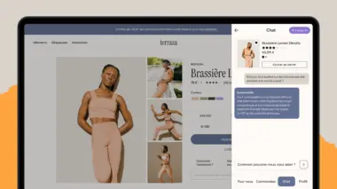 Interface d’achat en ligne pour la brassière Lumen Elevate avec assistance par chat optimisée par l’IA. Un modèle portant le produit, et les options de coloris et de prix sont affichés.
