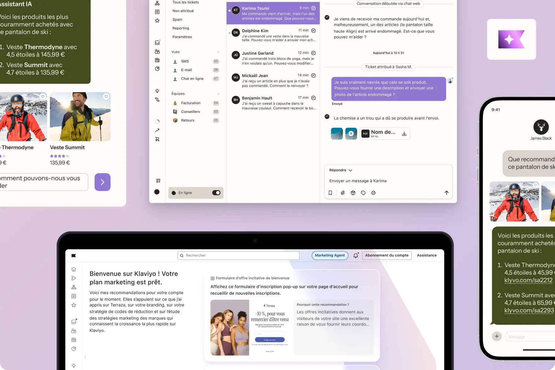 Interface utilisateur d'une application de gestion de marketing et de service client, affichant des messages, recommandations de produits et options de communication.