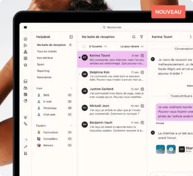 Interface d’assistance sur un écran d’ordinateur portable montrant une boite de réception avec des messages de clients. Un libellé « NOUVEAU » est visible en haut à droite.