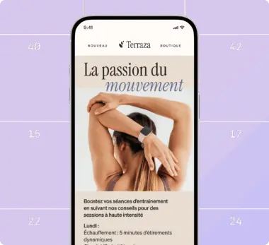 Smartphone affichant une application de fitness avec le texte "La passion du mouvement" et une personne s'étirant.