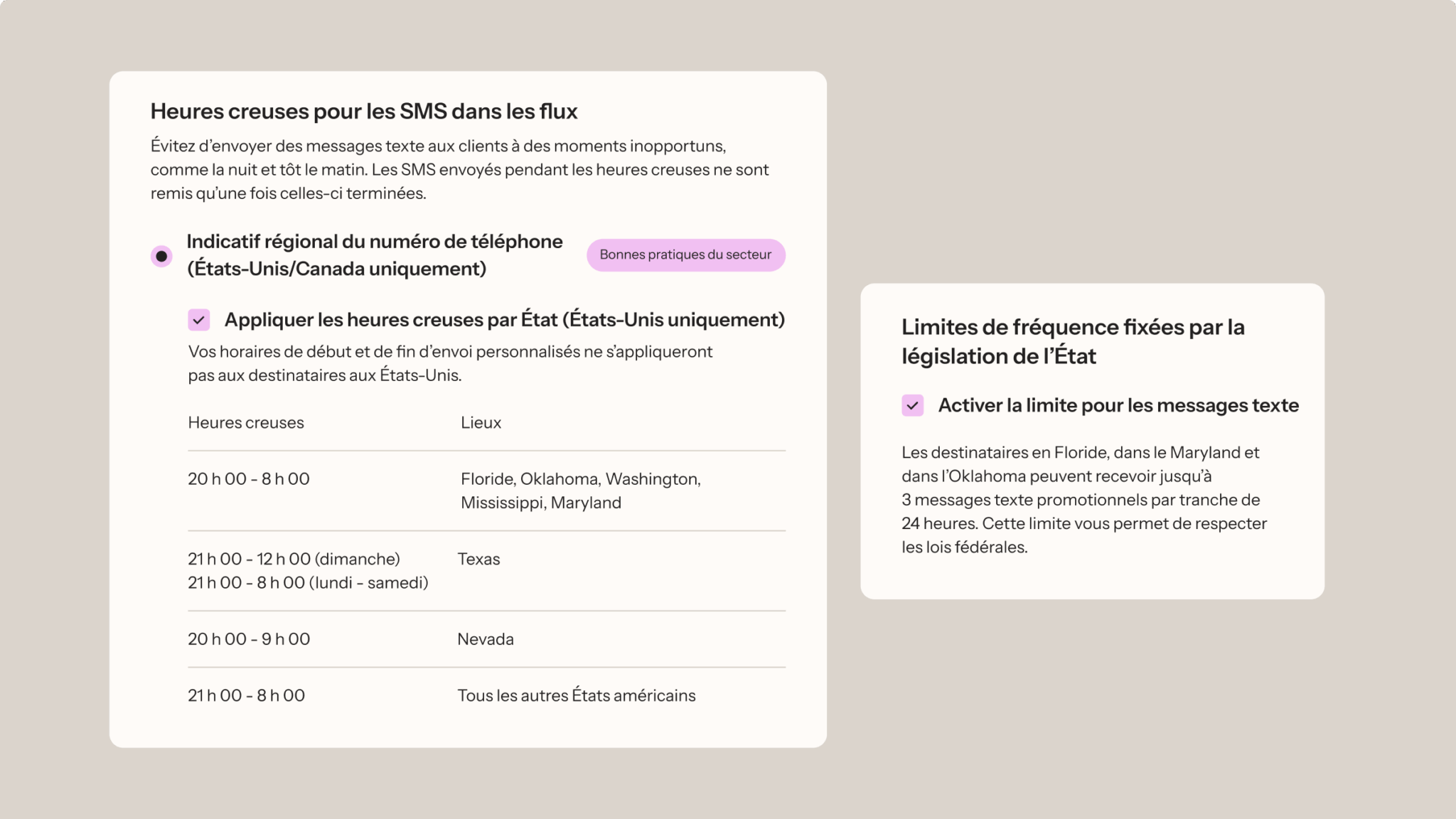 Heures creuses et limites de fréquence d’envoi des SMS pour les États américains. Indique les heures creuses pour des États spécifiques et les limites d’envoi de SMS à respecter pour des questions de conformité.