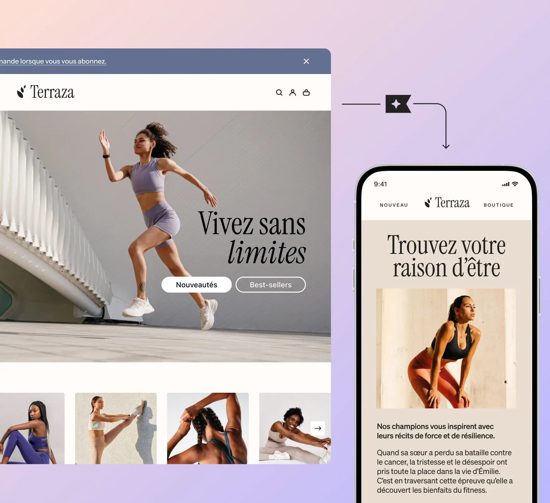 Deux écrans affichent le site web de Terraza avec des images de femmes en tenue de sport et les textes "Vivez sans limites" et "Trouvez votre raison d'être".