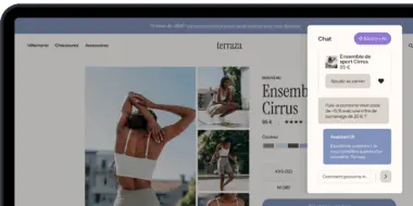Page web affichant un ensemble de sport Cirrus à 95 €, avec options de taille et un chat IA pour assistance.