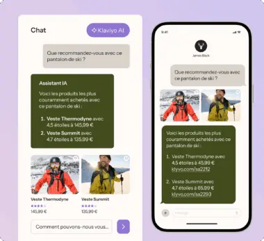 Deux écrans de chat montrant des recommandations de vestes de ski par un assistant IA, avec images et prix.