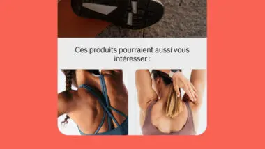 Deux femmes en tenue de sport, l'une avec un débardeur bleu et l'autre avec un débardeur marron. Texte : "Ces produits pourraient aussi vous intéresser :".